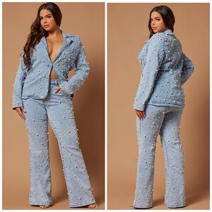 Denim pantsuit with pearls